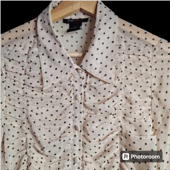 BCBG Maxazria Sheer Pleated Long Sleeve Blouse Size Large - Picture 2 of 9